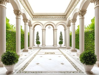 Fototapeta premium Elegant Greek style Marble Courtyard with Ornamental Columns and Open Air Design
