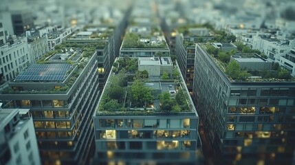 Fototapeta premium Sustainable urban living Aerial view of modern buildings with green roofs and solar panels, showcasing eco-friendly architecture and city design.