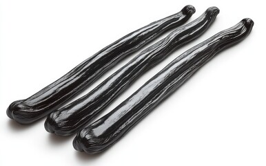 Three glossy black elongated objects on a white background, showcasing a unique texture and shape that highlights their smooth, shiny surfaces and natural form
