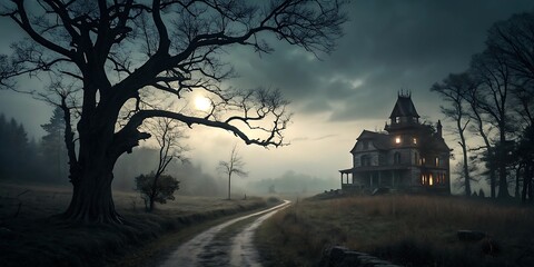 Spooky haunted house on a foggy night. Halloween, mystery, horror.