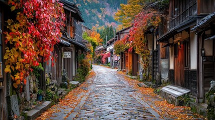 Fototapeta premium Autumnal Serenity in a Japanese Village: A Cobblestone Street Adorned with Vibrant Fall Foliage