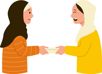 Fototapeta premium Female character wearing hijab giving food for sahur in holy month of Ramadan, sharing free iftar takjil for breaking fast