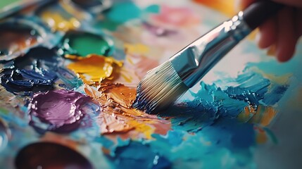 Fototapeta premium A Close-Up of a Paintbrush Dipped in Vibrant Watercolors: A Splash of Creative Expression