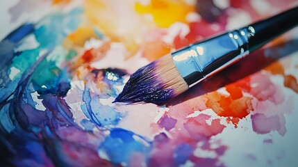 Fototapeta premium A Close-Up of a Paintbrush Dipped in Vibrant Watercolors: A Splash of Creative Expression