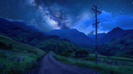 Overhead Electricity Transmission Lines with 3D Digital Visualization of Electricity. Epic Animation with Night Sky Full of Stars. Concept of Renewable Green Energy