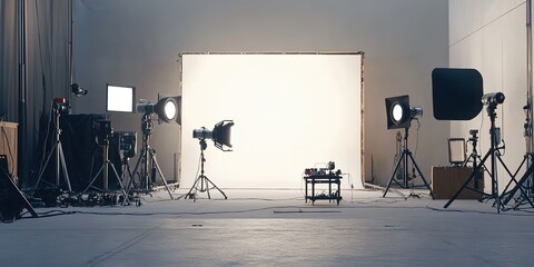 Professional film studio setup with lights and camera equipment