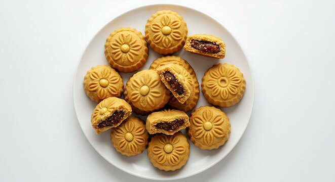 A plate of ma&rsquo;amoul cookies filled with dates and nuts on a white background