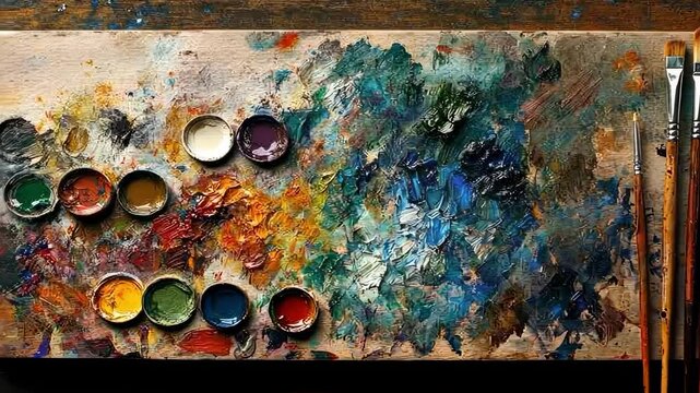 Paint brushes and painting. Selective focus