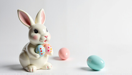 Obraz premium A delicate ceramic Easter bunny figurine with soft pastel-colored eggs on a minimalistic white background, perfect for Easter decorations and seasonal celebrations.