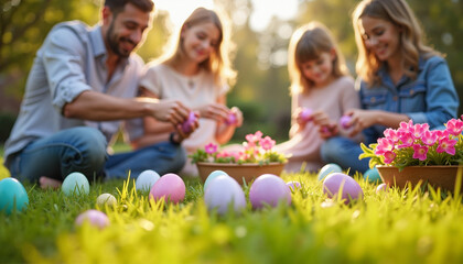 A cheerful family gathers in the garden to paint and decorate Easter eggs, enjoying a festive Easter activity full of joy, love, and creativity in the warm spring sunlight.