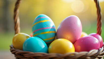 A close-up of vibrant Easter eggs in a wicker basket, set against a soft-focus outdoor background with warm sunlight, evoking the joy and tradition of Easter celebrations.