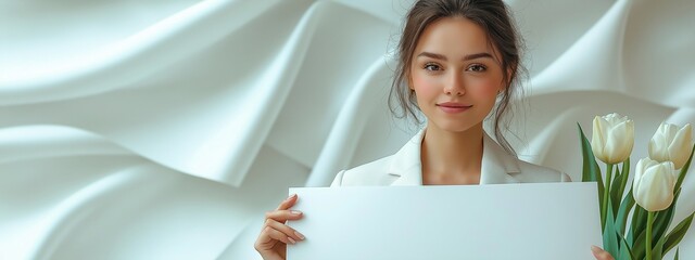 March 8 Sign Business woman holding big white card. Isolated portrait.