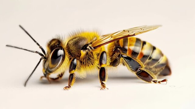 Honeybee closeup revealing precise anatomical features, yellow black striped pattern contrasting stark white surface, displaying delicate walking motion and natural insect morphology