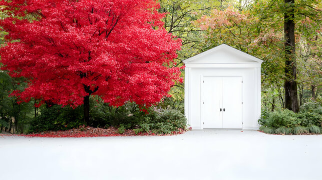 Autumn leaves, white gazebo, park. Peaceful fall scene