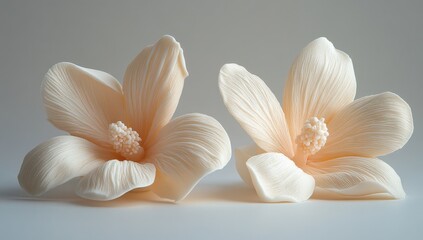 Two Elegant Cream-Colored Flower Sculptures with Delicate Petals and Textured Stamen on Light Background