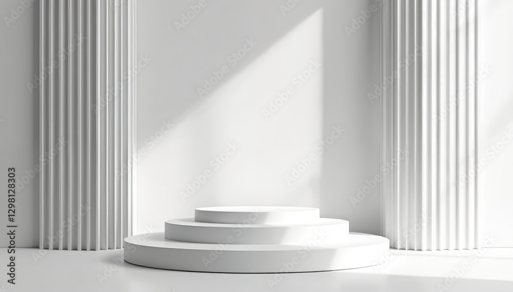 Aufkleber Minimal white podium scene for product display. 3D render geometry shape platform forms a modern stage for awards. White round product podium with abstract gray background.