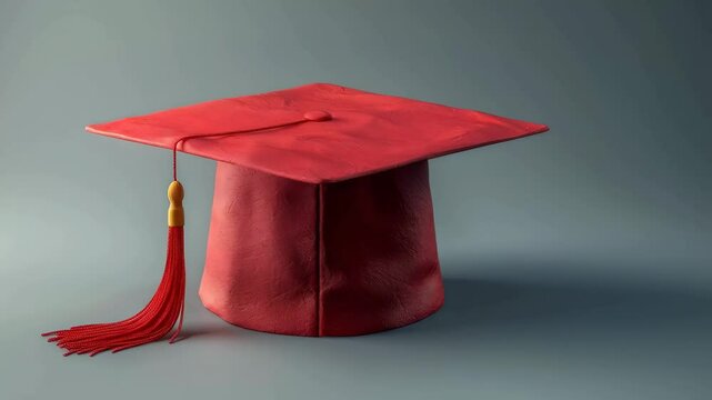 Crimson graduation cap with golden tassel highlighting academic success, signifying educational triumph against minimalist neutral gray background