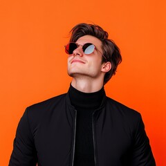 Fototapeta premium Handsome young man in black jacket looking up with sunglasses against bold orange background exuding confidence modern masculinity and stylish elegance in a contemporary fashion portrait