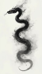 Fototapeta premium Monochrome ink painting of snake. Dynamic black snake in swirls of smoke on white background. Fantastic reptile with horns. Tattoo design. Oriental dragon style art. Wildlife, symbol of the year.
