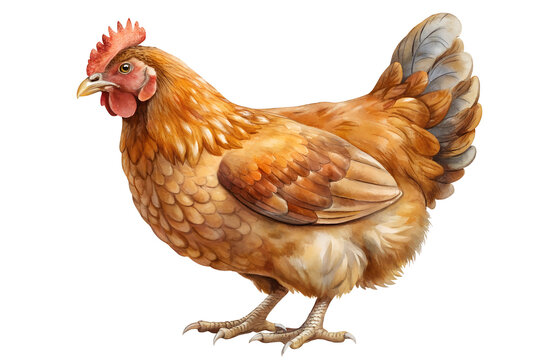 Realistic Illustration of a Brown Farm Chicken - Detailed digital illustration of a brown hen with red comb and wattles, standing in profile, representing farm life and poultry farming. 