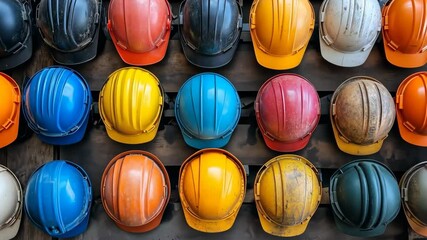 Row of hard hats of different colors and sizes. The hats are arranged in a row, with some overlapping each other. Concept of organization and uniformity, as the hats are all the same type and color