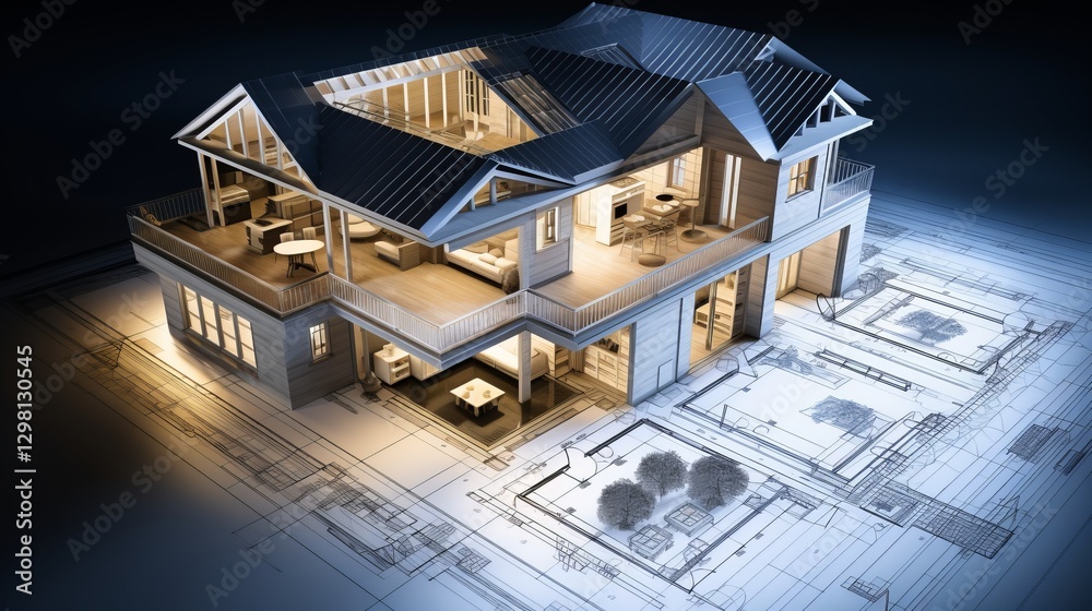 Wall mural vision of architecture of a 3d model house project with blueprint