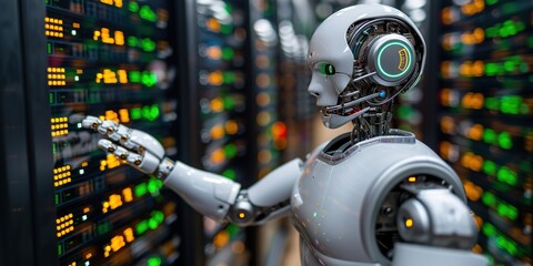 Fototapeta premium AI robot hand reaching towards digital text with neon effects, representing artificial intelligence 