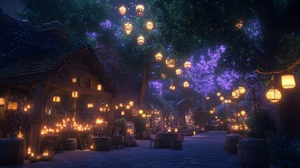 Enchanted Night Marketplace with Lanterns and Magical Atmosphere