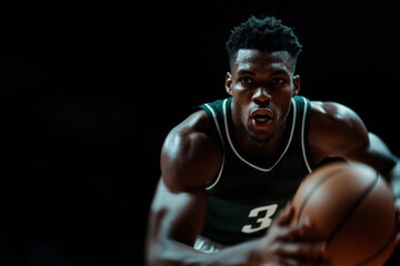 Focused basketball player dribbling in a darkened arena