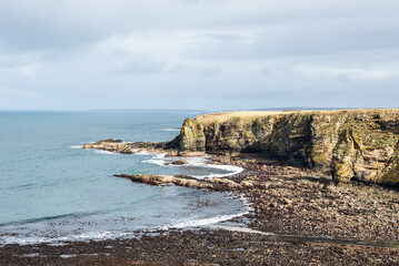 View of the Brough Bay near Brough village, Scotland's most northerly mainland village, Caithness, United Kingdom. Coastal scenery near Brough.
