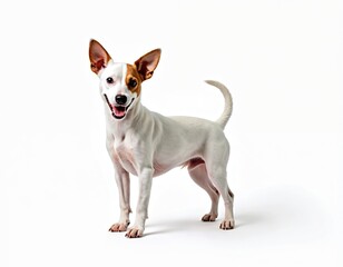 Cute Jack Russell dog stands on white background. Adorable small terrier puppy is smiling and looking at camera. Happy doggy is waiting for owner. Domestic pet portrait.