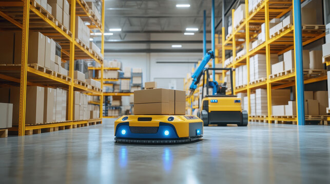 Robotics in the Warehouse: A futuristic warehouse scene showcases automated guided vehicles (AGVs) and a forklift seamlessly moving boxes, signifying advanced logistics and supply chain management.