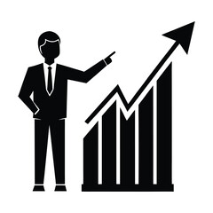 Insightful corporate thinker silhouette pointing at a rising graph of ideas