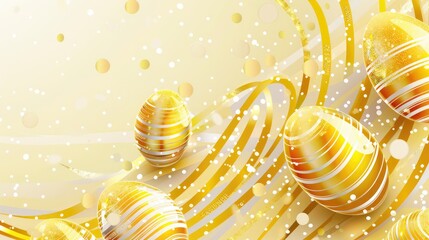 Golden Easter eggs on light yellow background with "HAPPY EASTER". Striped egg with dots. Perfect for greeting cards, banners, posters, or web art.