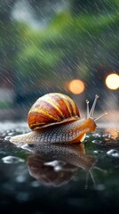 Snail in the Rain at Night