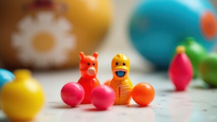 Sensory Toy. Two colorful plastic toy ducks with pink balls on white s