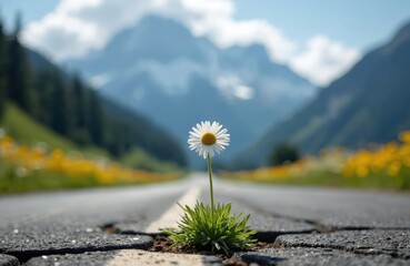 Daisy blooms through road cracks, resilience, hope. Lonely flower grows on mountain asphalt highway. Tough plant shows courage, determination in harsh conditions, embodying new opportunity metaphor.