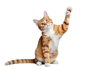 Playful Orange Tabby Cat Raising Its Paw in a Cheerful Gesture Isolated on a white background