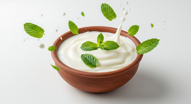 A bowl of laban (Arabic yogurt) with mint leaves on a white background