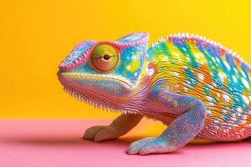 Obraz premium Colorful chameleon on a vibrant pink and yellow background showcasing its unique patterns and textures