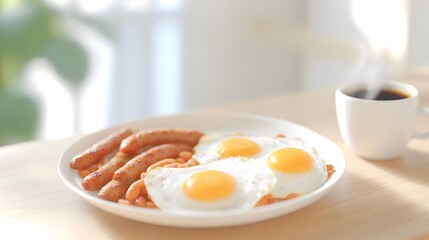 A classic, hearty breakfast with sunny-side-up eggs, crispy sausage and baked beans, Generative AI
