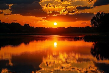 A reflective lake surrounded by fields sunflowers under a fiery orange sunset