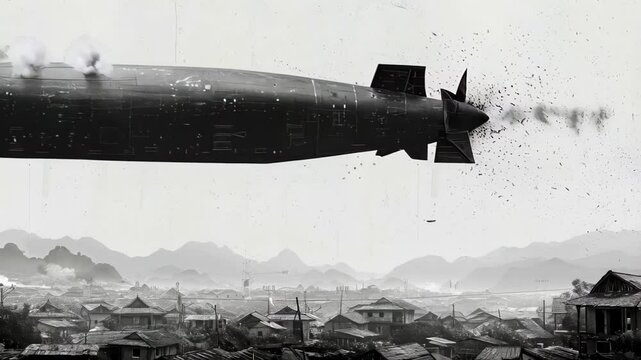 Monochrome animation depicting devastating zeppelin explosion hovering over rural village landscape, capturing aerial destruction during historical conflict