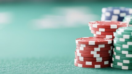 Casino poker chips stacks on green felt. Gambling game background
