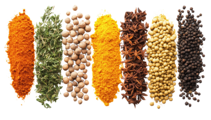 Dried ground herbs and spices arranged in colorful line, showcasing various textures and colors, perfect for seasoning dishes and enhancing flavors