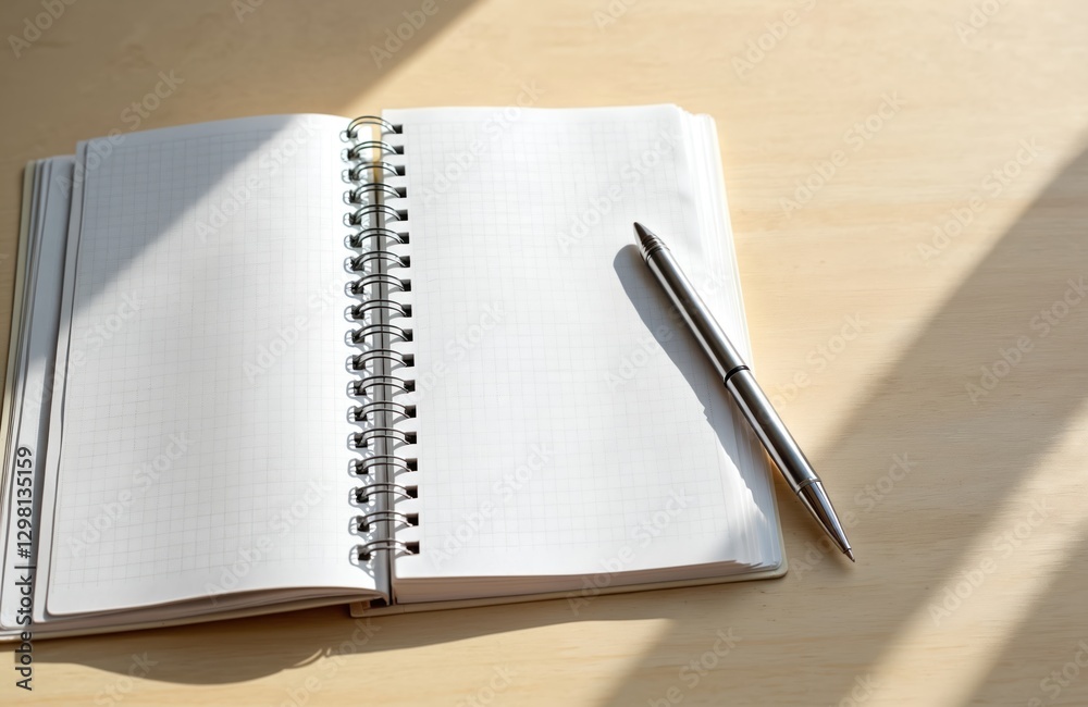 Poster Open notepad with blank pages with grid, lying on wood table in sun light. Pen rests beside journal. Copy space, template. Education, business and self-development concept.