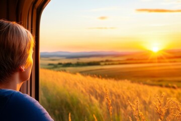 Fototapeta premium Sunset view from train window showing golden wheat fields glowing in warm evening light creating scenic countryside travel mood
