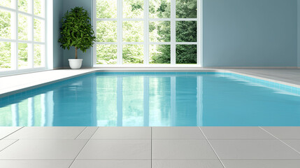 Fototapeta premium Indoor pool with large windows and potted plant