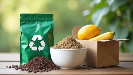 Sustainable Packaging Materials. Recyclable green coffee bag with grou