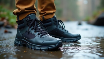 Waterproof Sneakers. Boots of man are standing in puddle of water